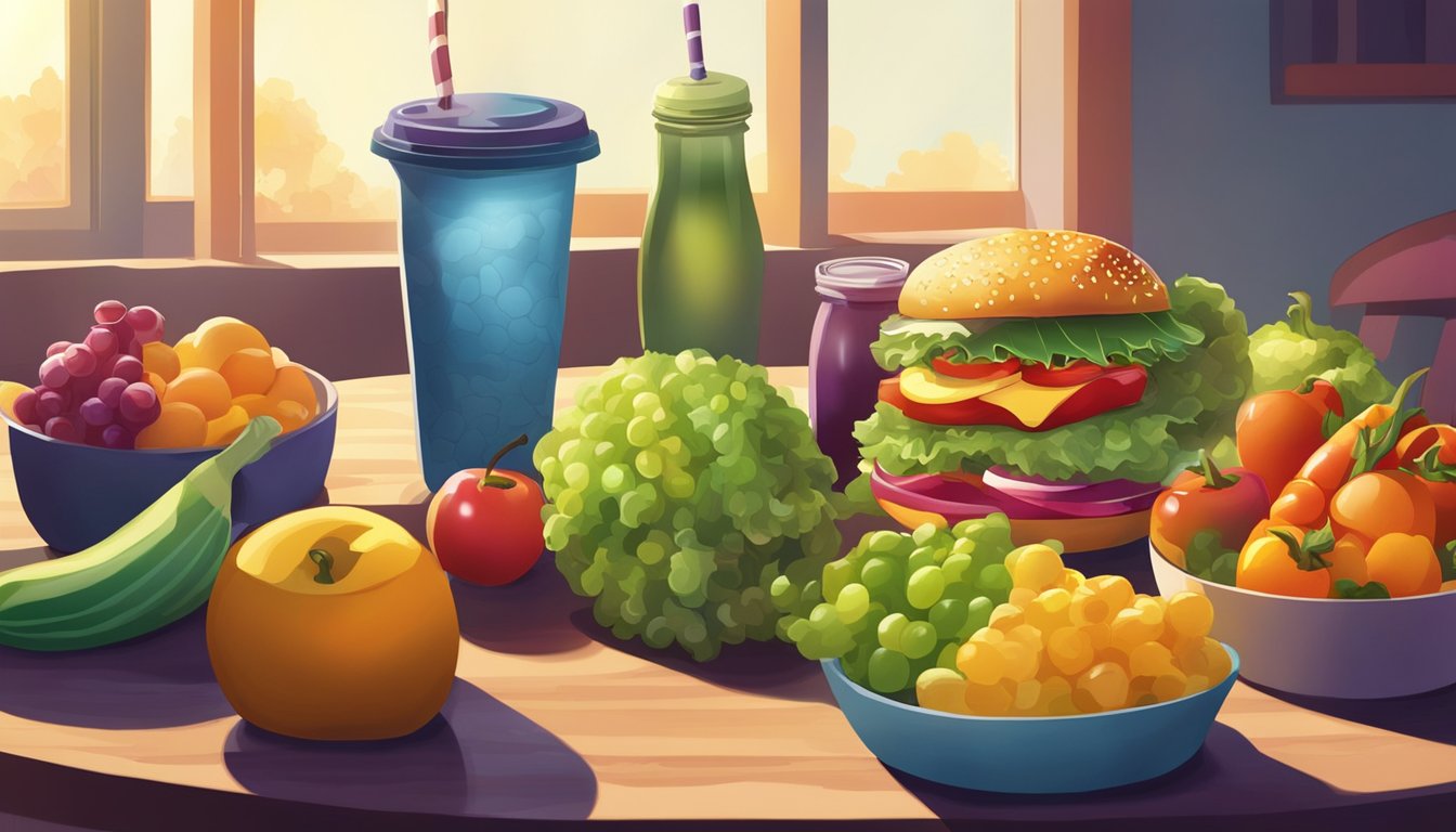 A colorful array of fruits and vegetables on a table, with a bright spotlight shining on them, while a shadowy, greasy fast food item lurks in the background