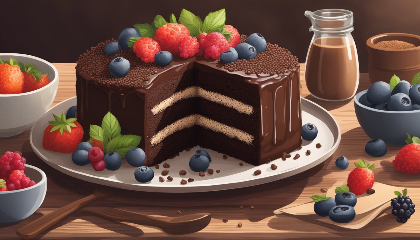 A decadent chocolate quinoa cake sits on a rustic wooden table surrounded by fresh ingredients like quinoa, cocoa, and berries