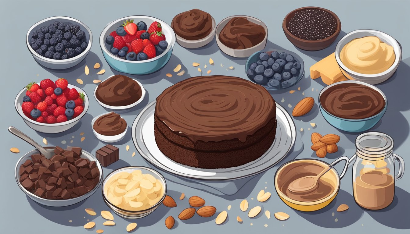 A chocolate quinoa cake being prepared with gluten-free ingredients, surrounded by a variety of wholesome baking ingredients like almond flour, cocoa powder, and fresh berries