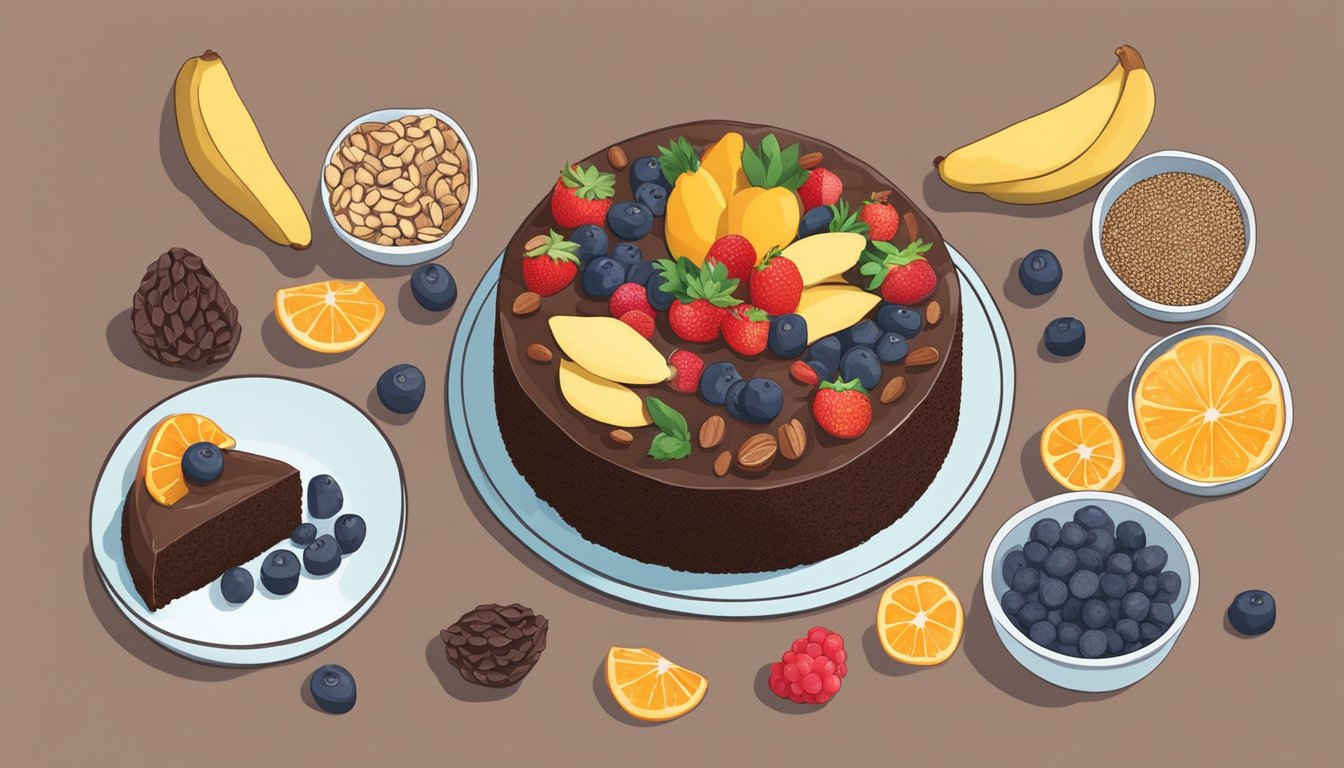 A kitchen counter with a freshly baked gluten-free chocolate quinoa cake, surrounded by bowls of colorful fruit and nuts for decoration