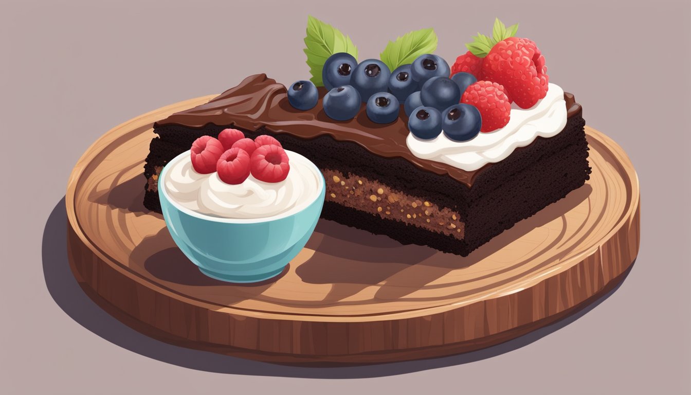 A slice of rich chocolate quinoa cake sits on a rustic wooden platter, surrounded by fresh berries and a dollop of whipped cream