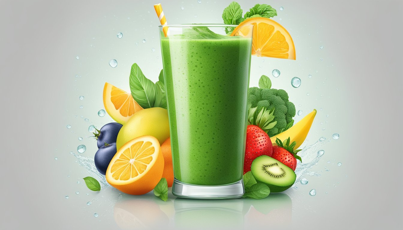 A glass filled with a vibrant green smoothie surrounded by fresh fruits and vegetables, with droplets of condensation forming on the outside of the glass