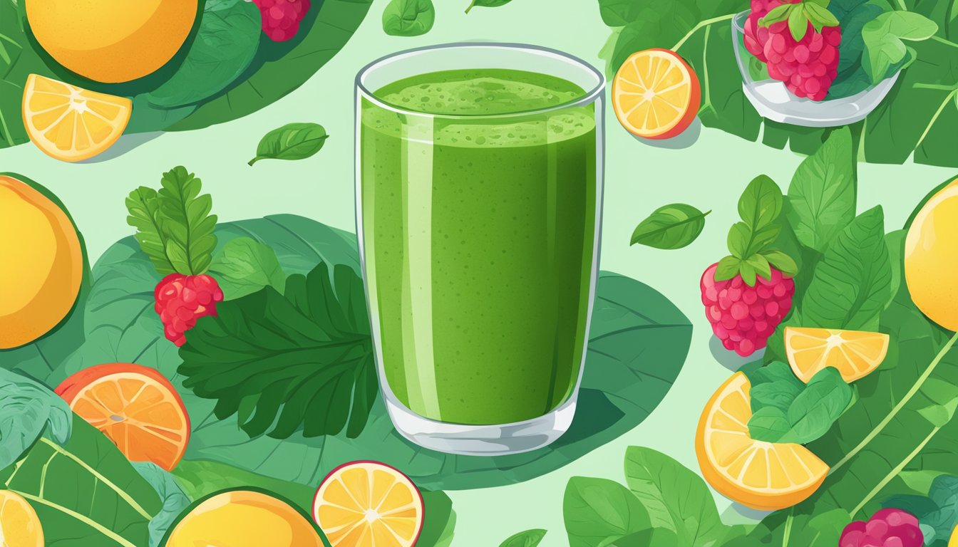 A tall glass filled with a vibrant green smoothie surrounded by fresh, leafy greens and a bowl of electrolyte-rich fruits