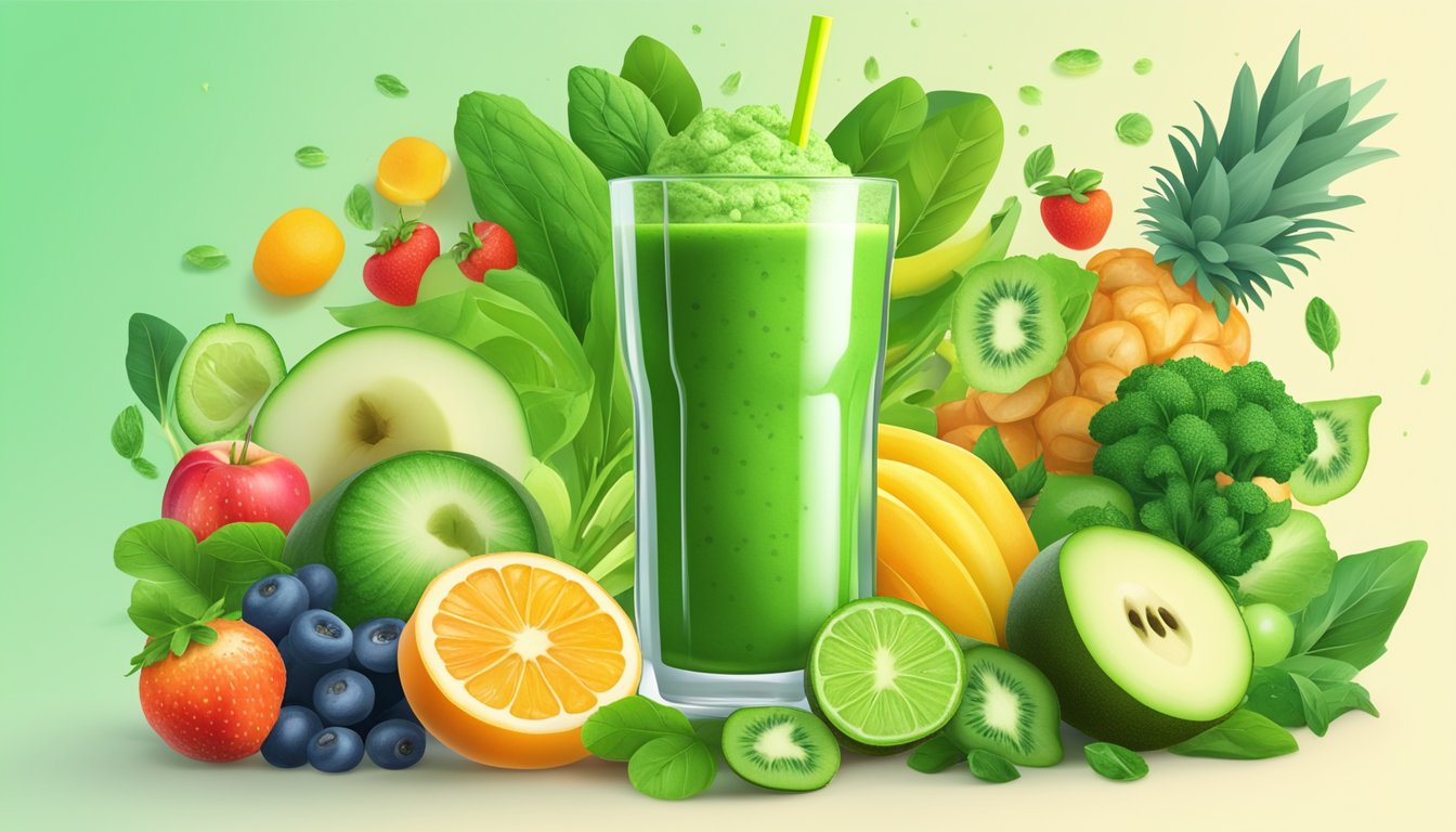 A vibrant green smoothie surrounded by fresh fruits and vegetables, with a glowing energy surrounding it, symbolizing natural body recharge and hydration