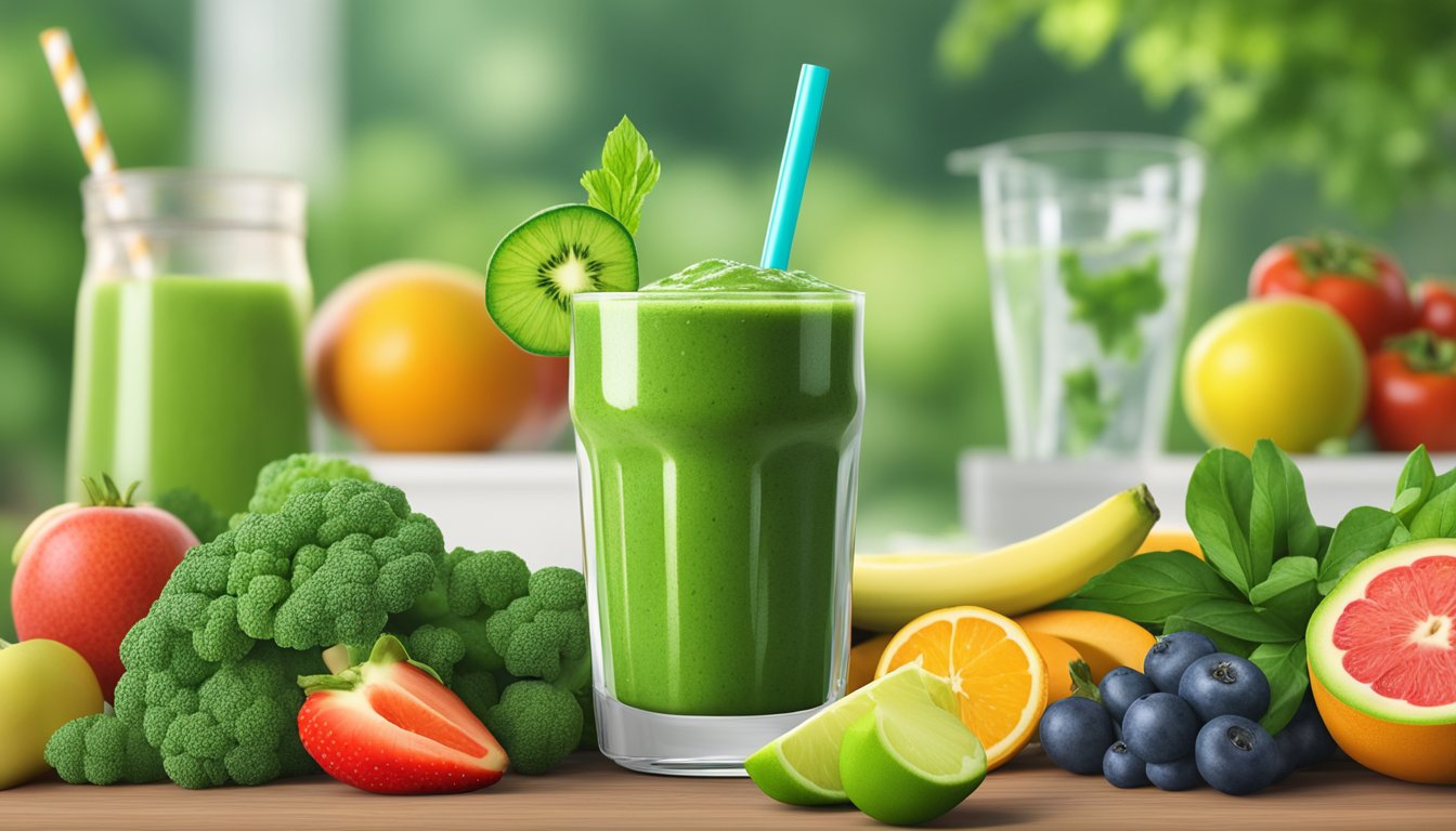 A vibrant green smoothie surrounded by fresh fruits and vegetables, with a backdrop of lush greenery and a clear, refreshing glass of water