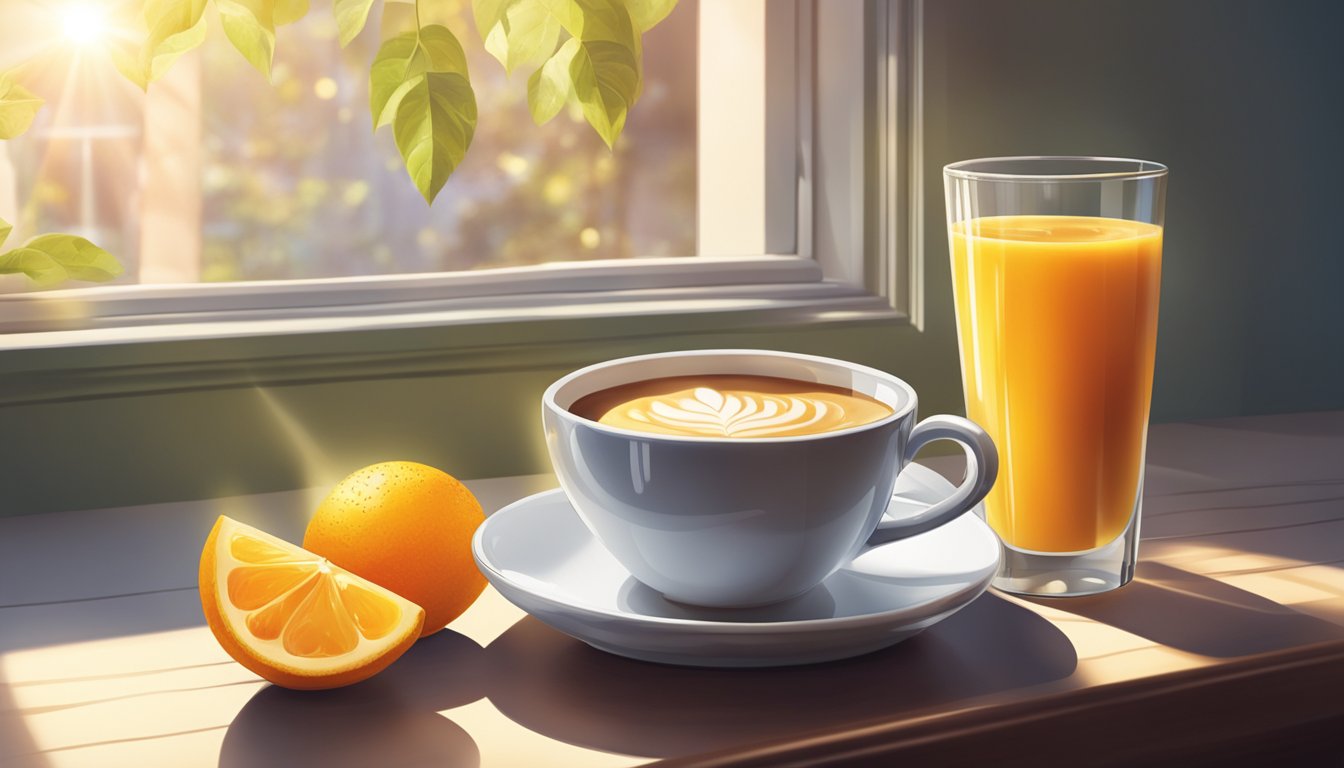 A table set with a steaming cup of coffee next to a glass of freshly squeezed juice, with sunlight streaming in through a window