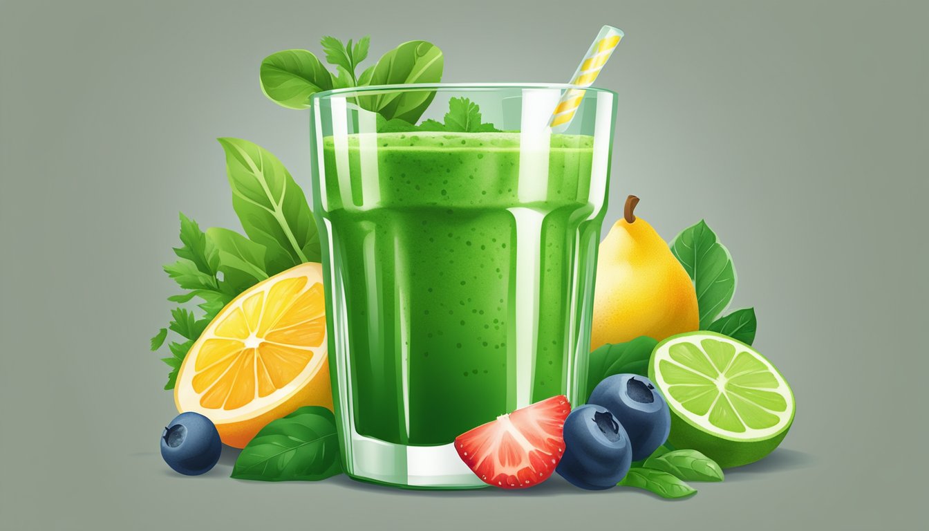 A glass filled with vibrant green electrolyte smoothie surrounded by fresh fruits and leafy greens, exuding a refreshing and energizing vibe