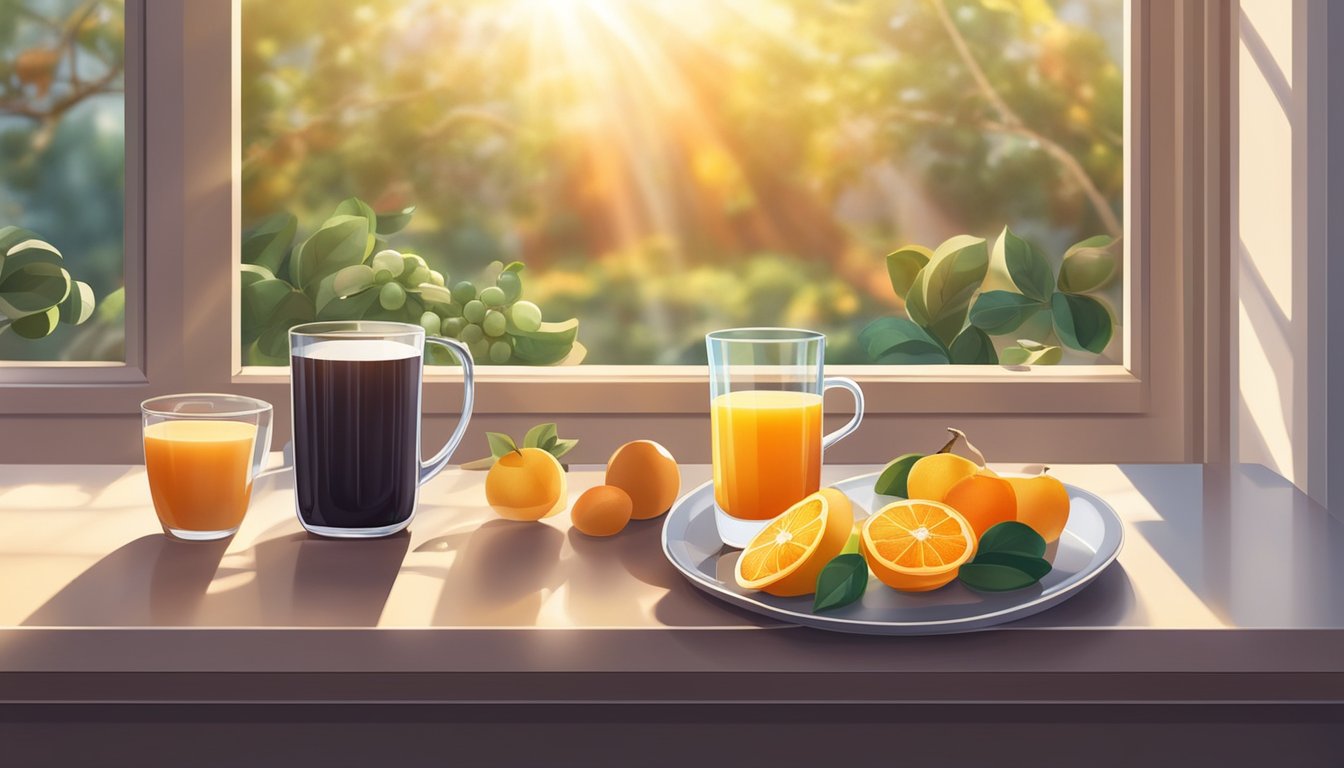 A table with a glass of fresh juice and a cup of coffee, surrounded by fruits and coffee beans. Sunrise light streaming through a window