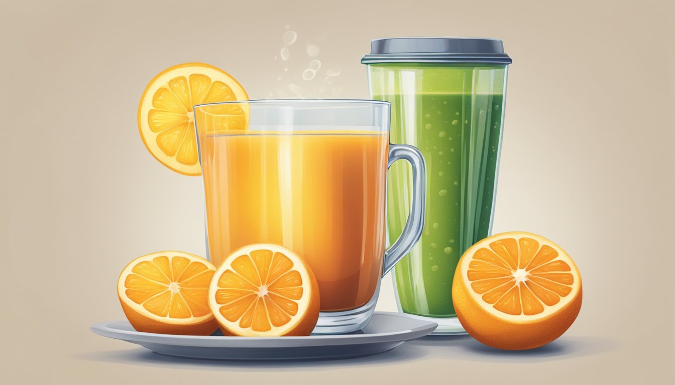 A glass of vibrant, freshly squeezed juice sits next to a steaming cup of coffee, emphasizing the choice between a healthy, nutrient-rich option and a caffeine boost for the morning