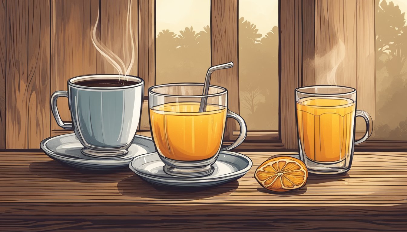 A steaming cup of coffee sits next to a tall glass of freshly squeezed orange juice on a rustic wooden table, showcasing the contrast between the two morning beverages