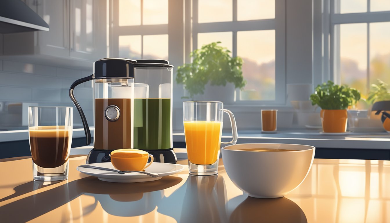 A steaming cup of coffee sits next to a tall glass of freshly squeezed juice on a sunlit kitchen counter