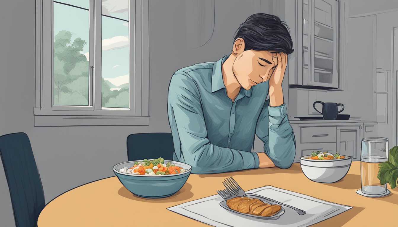 A person sitting at a dining table, holding their head in discomfort after eating. A bowl of food and a glass of water are on the table