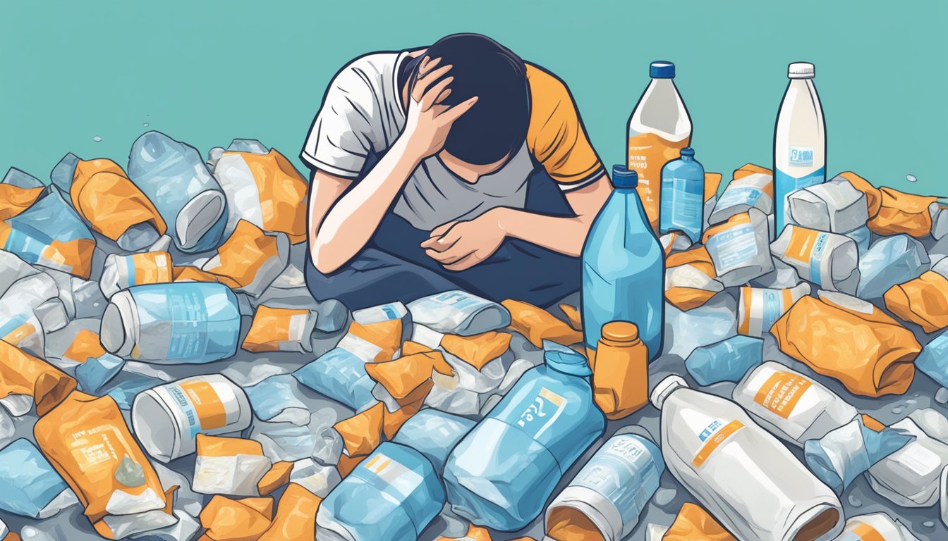 A person clutching their head in pain, surrounded by empty food wrappers and bottles of water. A pile of medication and a soothing ice pack nearby