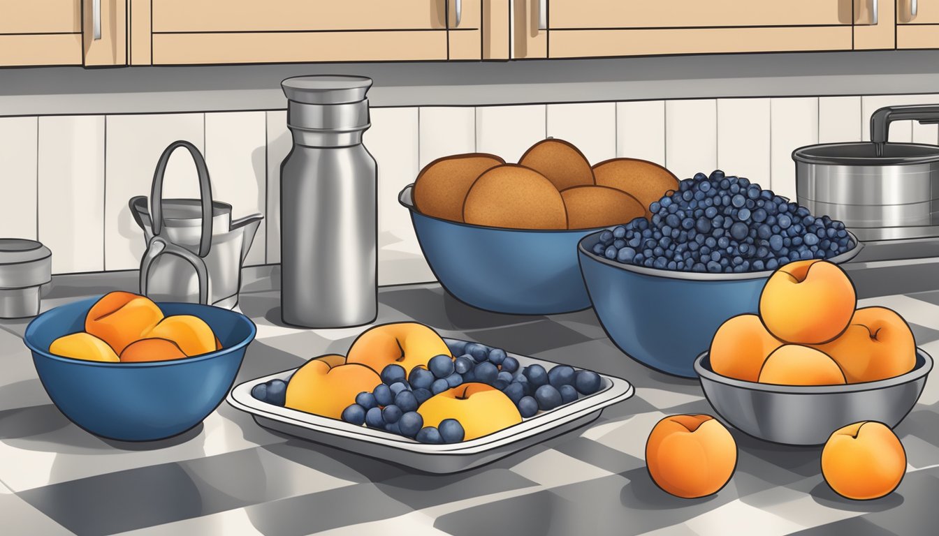 A kitchen counter with fresh blueberries and peaches, a mixing bowl, and muffin tins ready to be filled with batter