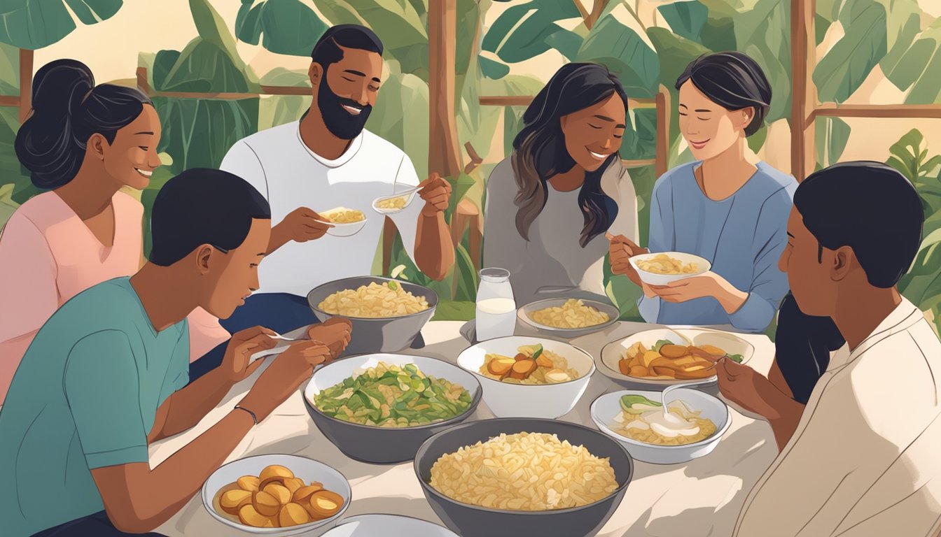 A diverse group of people eating a variety of foods, including rice, bananas, and yogurt, in a peaceful and comfortable setting