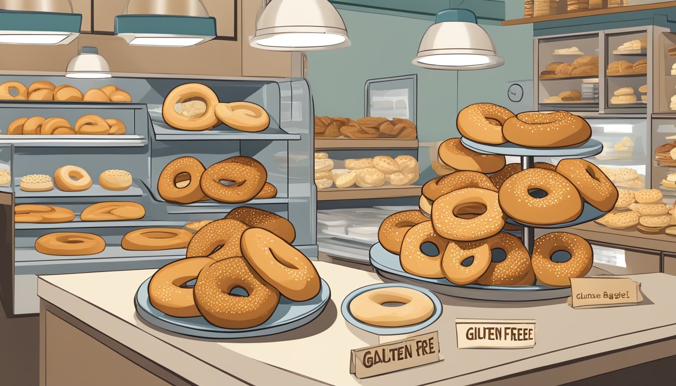 A plate of gluten-free sesame bagels surrounded by various gluten-free ingredients and a sign indicating "gluten-free" in a bakery display