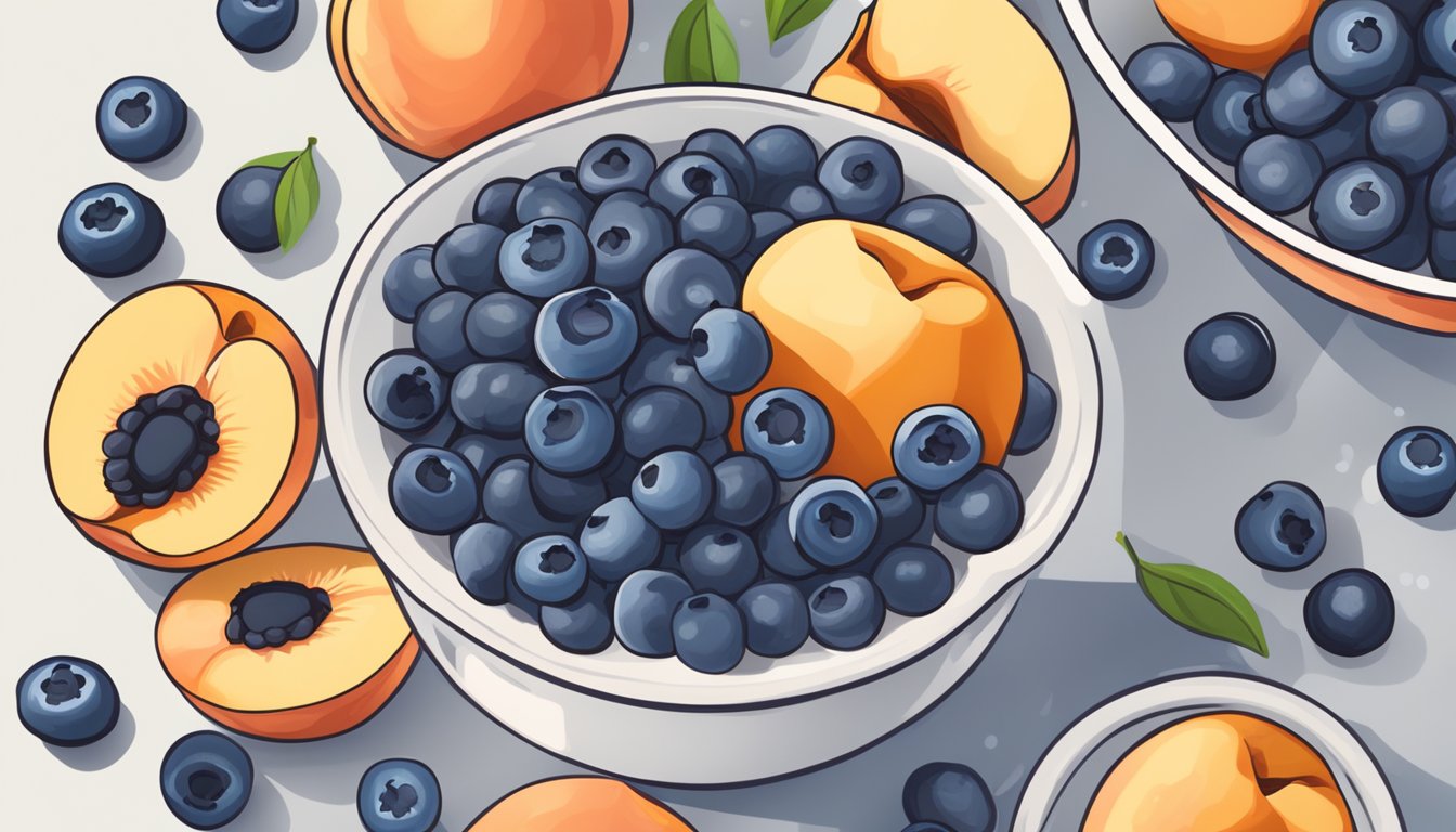 A bowl of fresh blueberries and sliced peaches being poured into a mixing bowl filled with gluten-free and dairy-free muffin batter