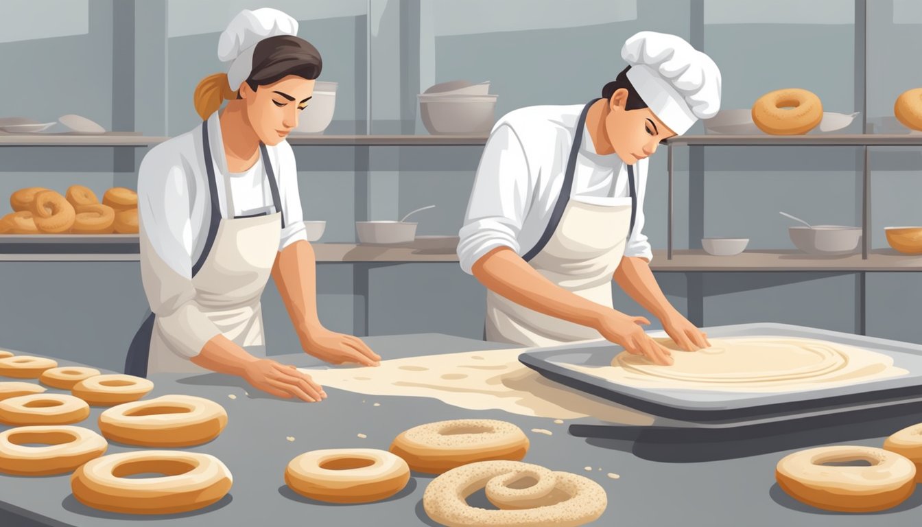 A baker carefully kneads gluten-free dough, shaping sesame bagels on a floured surface, ready for the oven