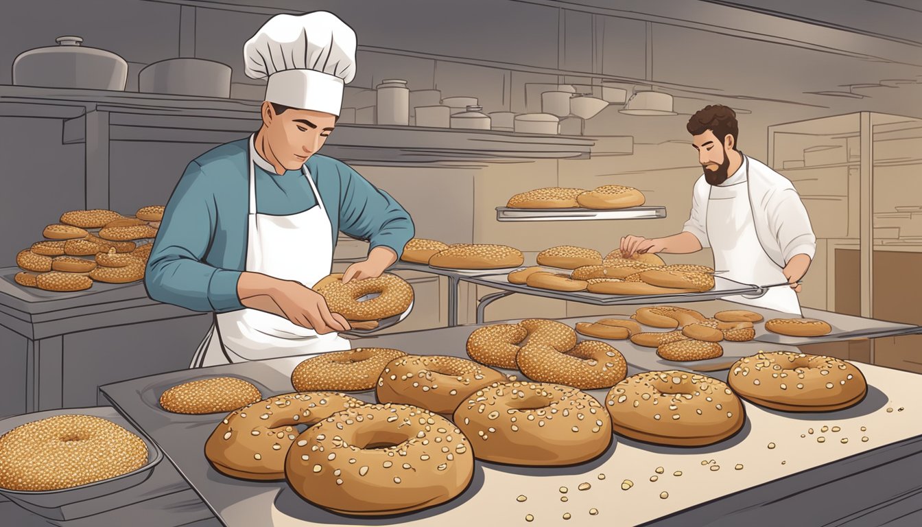 A baker carefully sprinkles sesame seeds onto freshly baked gluten-free bagels