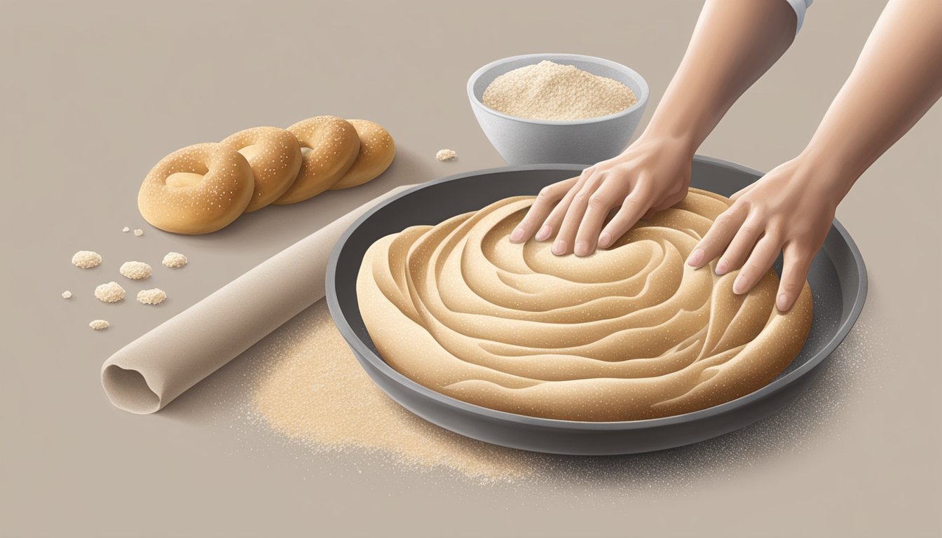 A baker kneading gluten free sesame bagel dough on a floured surface