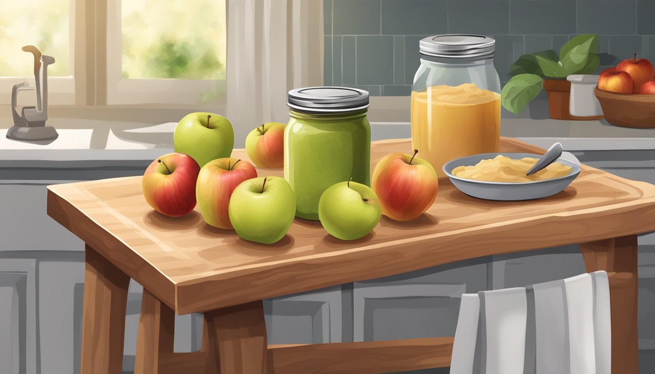 A wooden cutting board with fresh apples, a knife, and a bowl, surrounded by jars of homemade organic applesauce