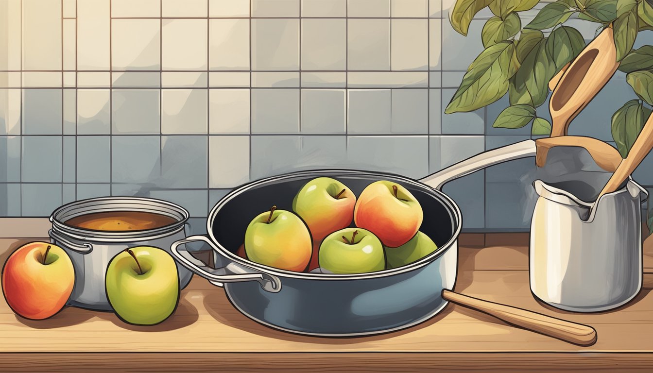 A hand reaching for a ripe apple, a pot on the stove, a wooden spoon stirring the simmering apples, a jar waiting to be filled