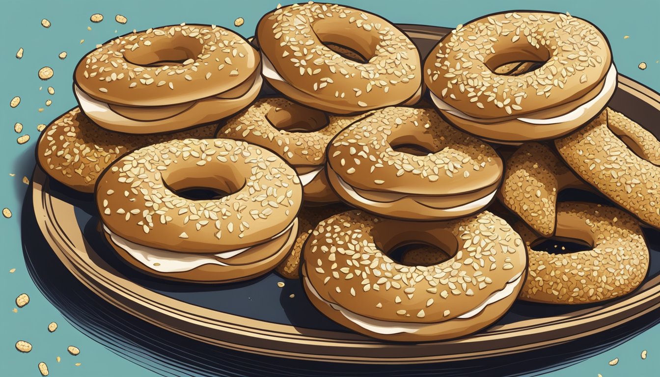 A plate of golden gluten free sesame bagels, surrounded by scattered sesame seeds and a few whole sesame pods