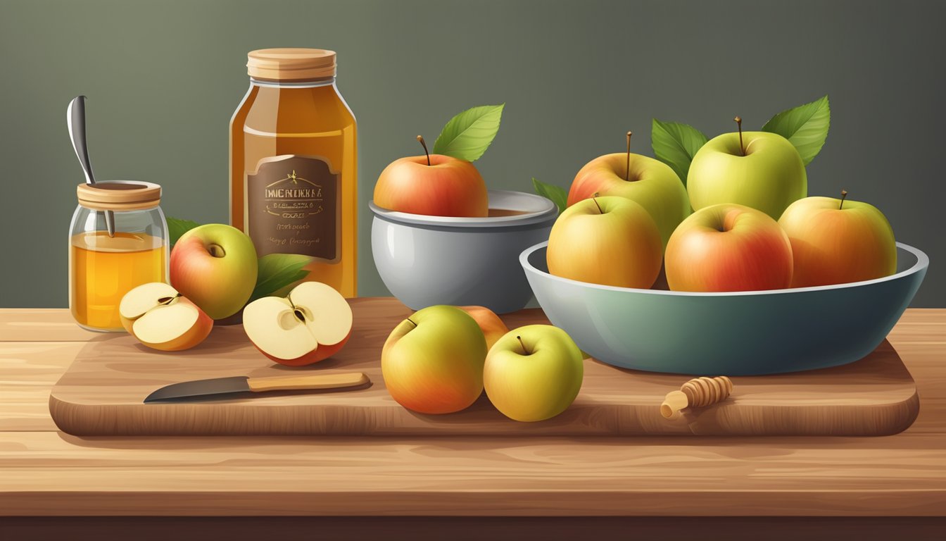 A wooden cutting board with a pile of ripe organic apples, a knife, a pot, and a jar of honey