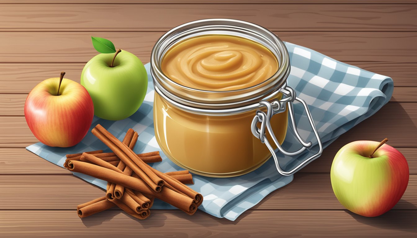 A jar of homemade organic applesauce surrounded by fresh apples and cinnamon sticks on a wooden table