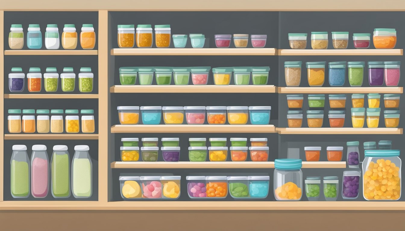 A clean, organized pantry with labeled shelves for storing baby food jars and pouches. A refrigerator with designated compartments for storing homemade baby food in small containers