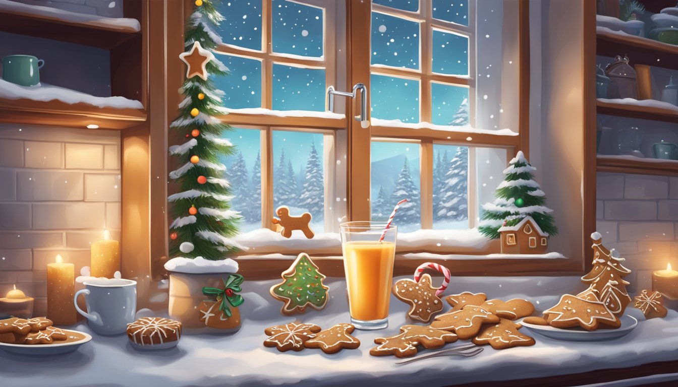 A cozy kitchen with a steaming gingerbread smoothie surrounded by festive decorations and a snowy window view