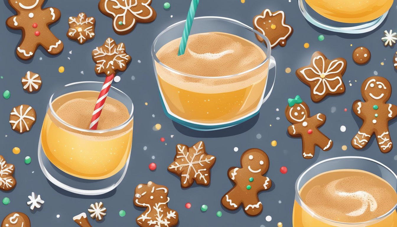 A gingerbread smoothie being poured into a festive glass, garnished with a sprinkle of cinnamon and a gingerbread cookie on the side