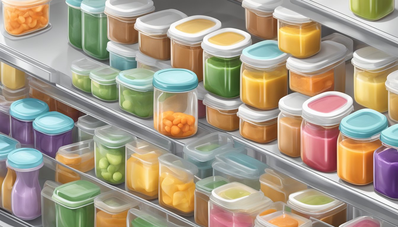 A variety of safe, airtight containers and pouches filled with colorful, pureed baby food, neatly organized on a clean, organized kitchen counter