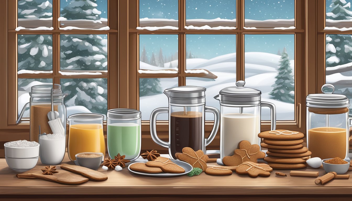 A cozy kitchen counter with a blender surrounded by gingerbread cookies, cinnamon sticks, and various sweeteners and add-ins. A snowy window in the background completes the winter scene