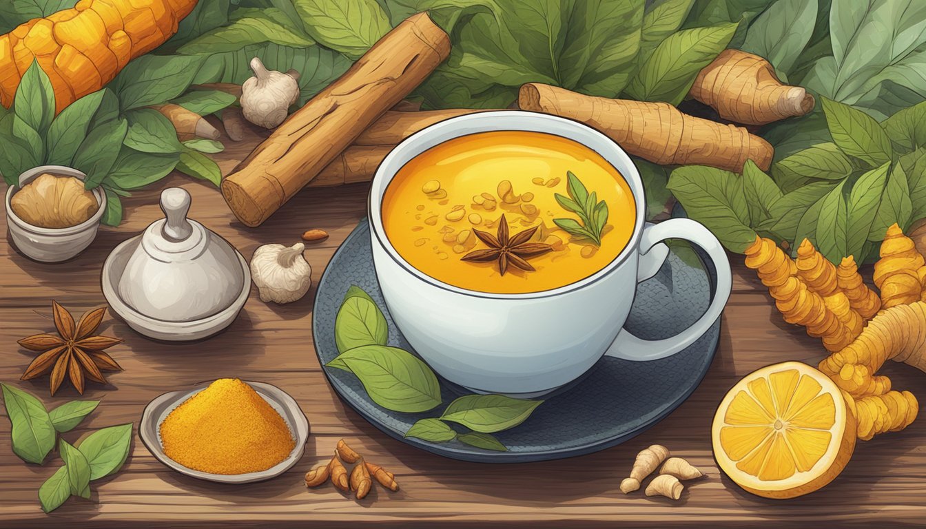 A steaming mug of turmeric ginger tea sits on a wooden table, surrounded by vibrant spices and herbs, evoking a sense of healing and warmth