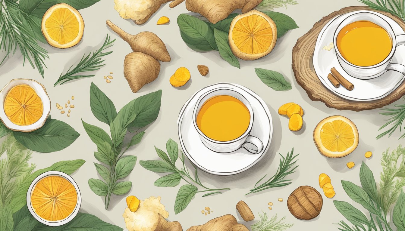 A steaming cup of turmeric ginger tea surrounded by fresh ingredients and herbs, emitting a comforting and healing warmth