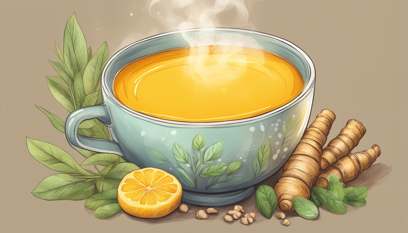 A steaming cup of turmeric ginger tea surrounded by healing herbs and radiating warmth