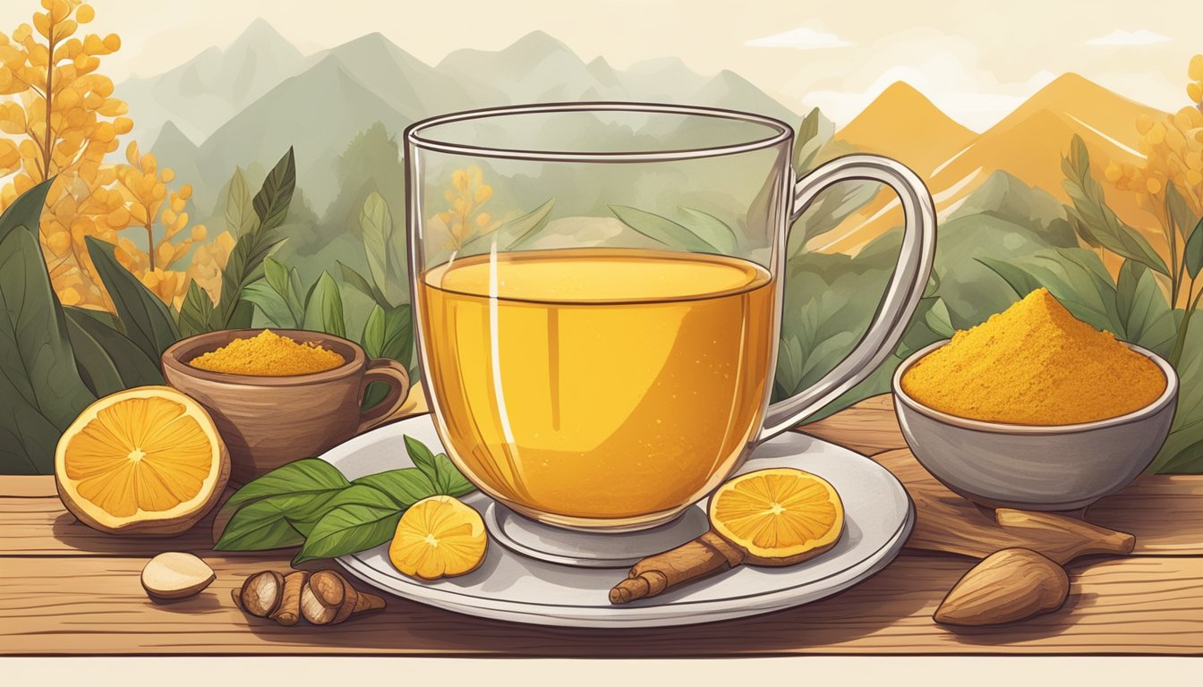 A steaming cup of turmeric ginger tea surrounded by fresh ingredients and a warm, inviting atmosphere