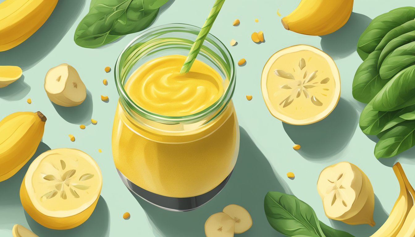 A vibrant scene of fresh turmeric, ginger, bananas, and spinach being blended into a golden smoothie