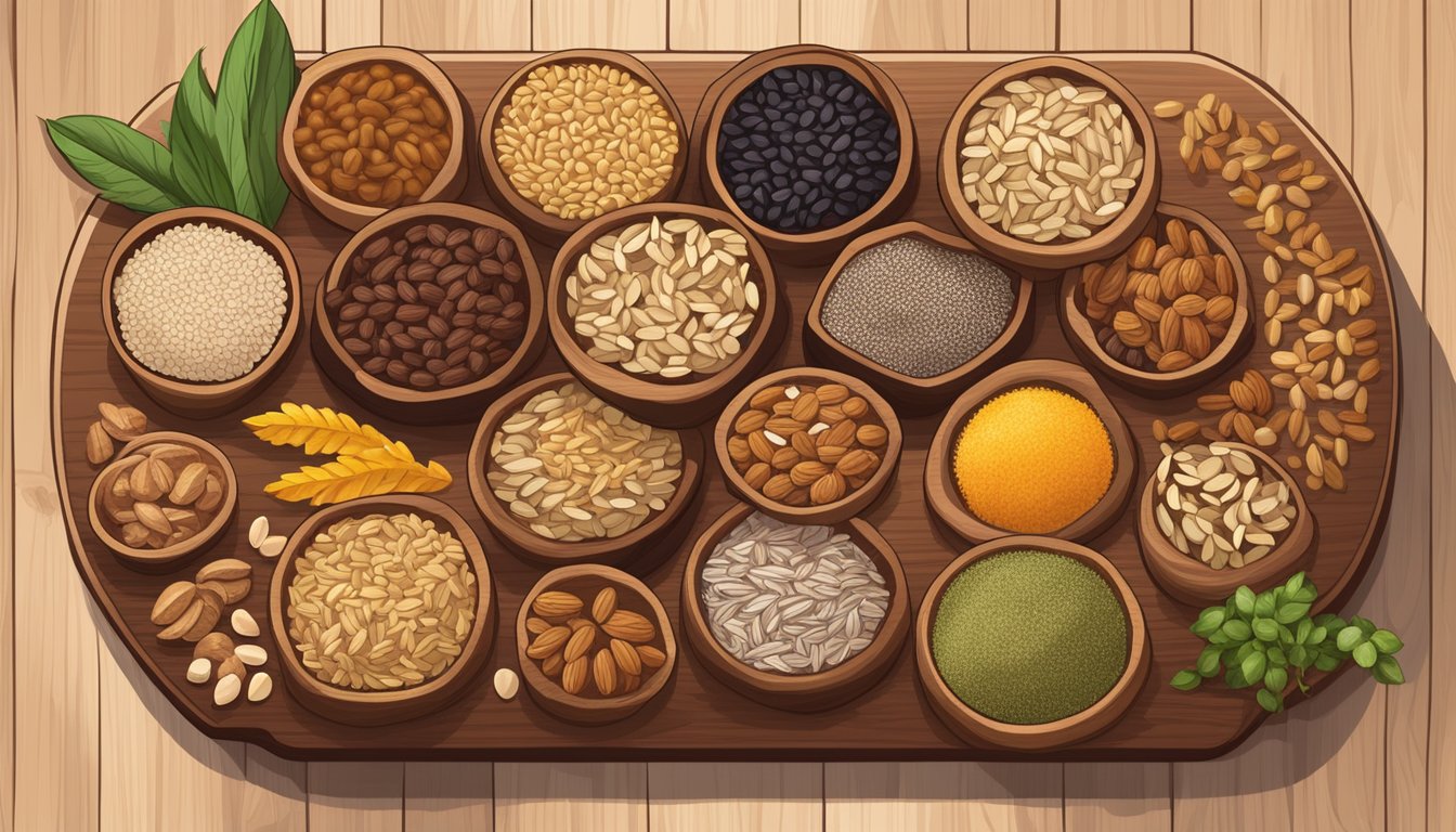 A variety of whole grains, nuts, seeds, and dried fruits arranged on a wooden cutting board