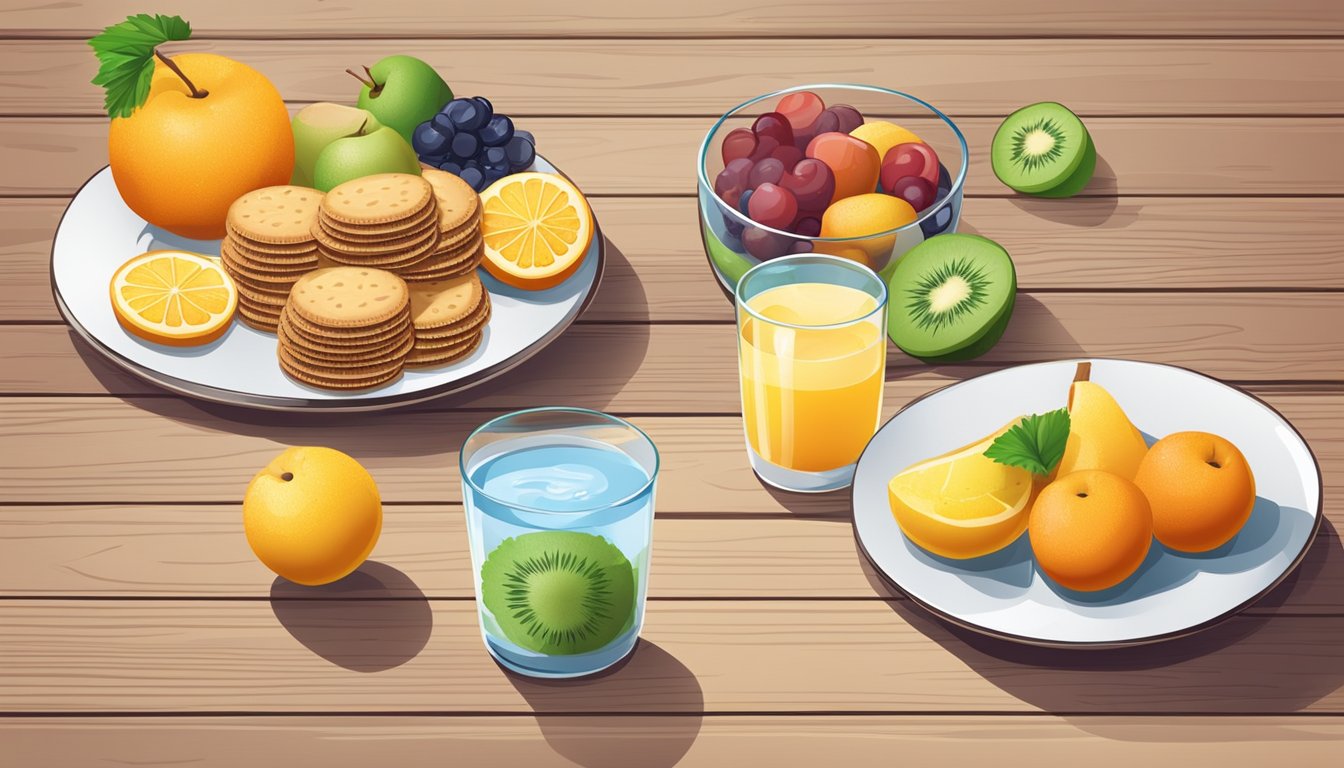 A plate of healthy digestive cookies surrounded by fresh fruits and a glass of water on a wooden table