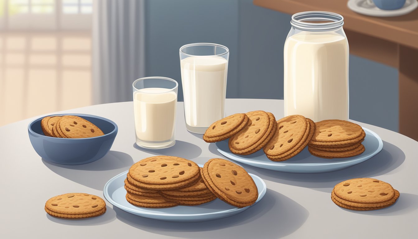 A jar of healthy digestive cookies on a kitchen counter, surrounded by a plate of cookies and a glass of milk