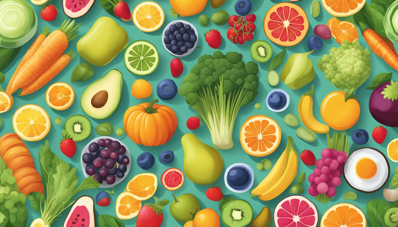 A diverse group of vibrant, healthy foods, such as fruits, vegetables, and probiotic-rich items, arranged in a colorful and appealing display