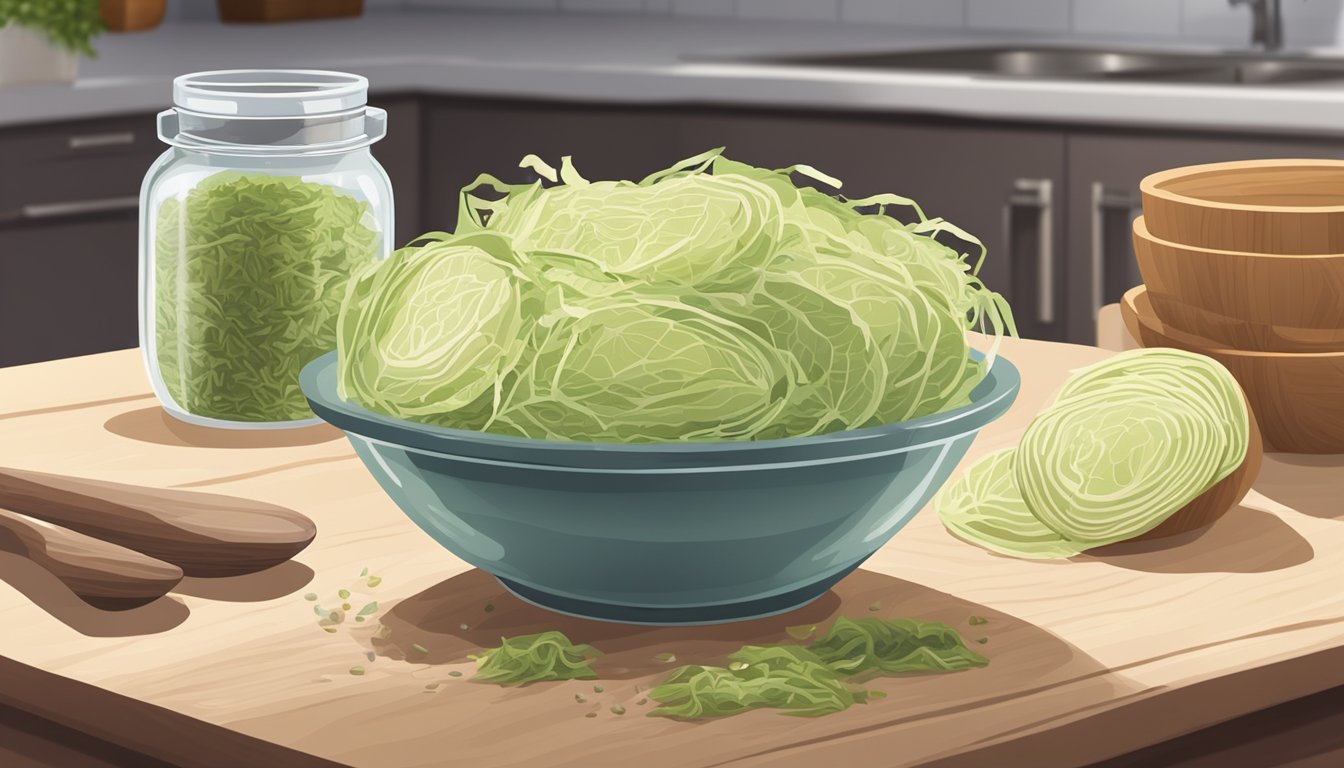 A large glass jar filled with shredded cabbage and salt, sitting on a kitchen counter. A small bowl of caraway seeds and a wooden spoon are nearby