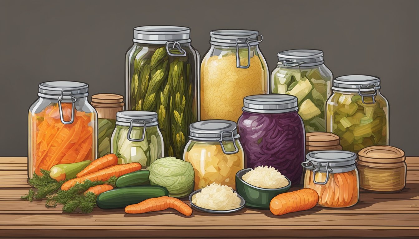 A colorful array of assorted fermented foods, including sauerkraut, kimchi, and pickles, displayed on a rustic wooden table with jars and ingredients