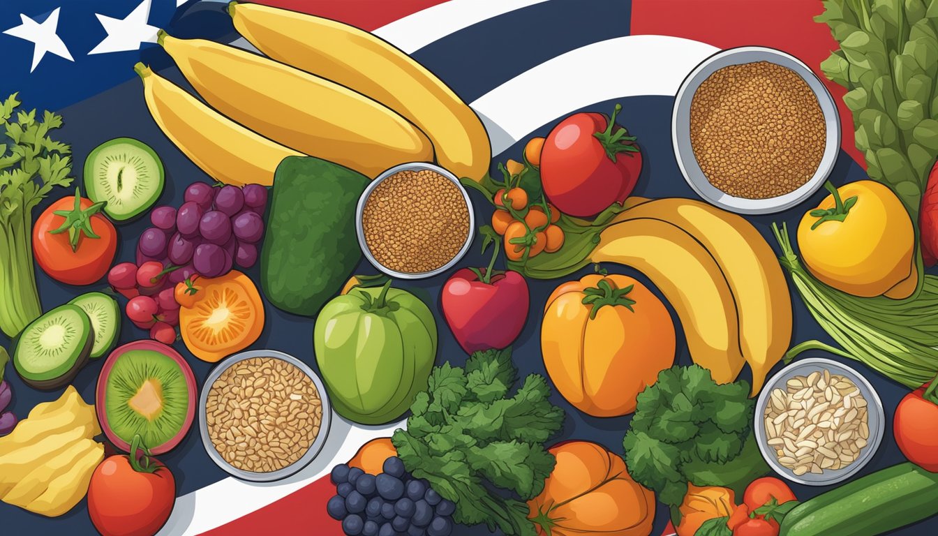 A colorful array of fresh fruits and vegetables, whole grains, and lean proteins arranged on a table, with a Texas flag in the background