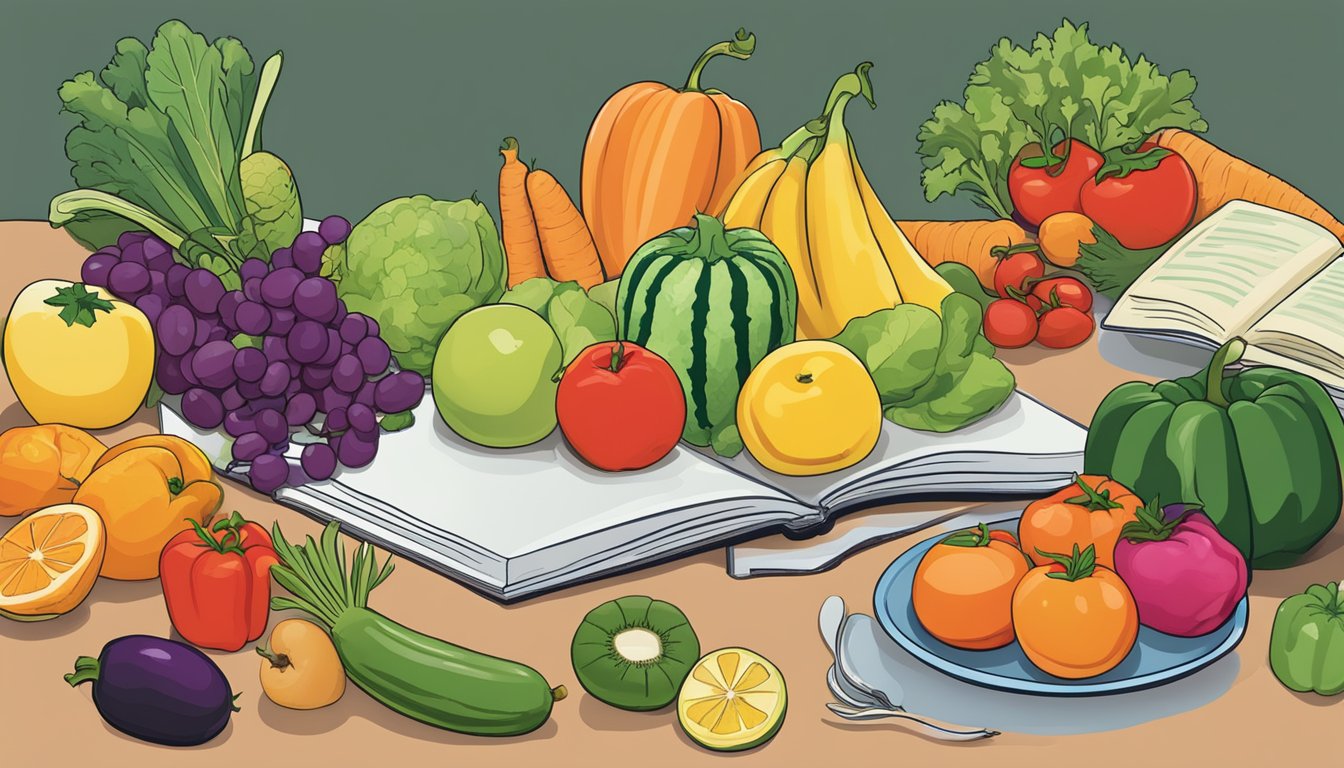 A colorful array of fresh fruits and vegetables displayed on a table, with a senior-friendly cookbook open to a page of healthy recipes