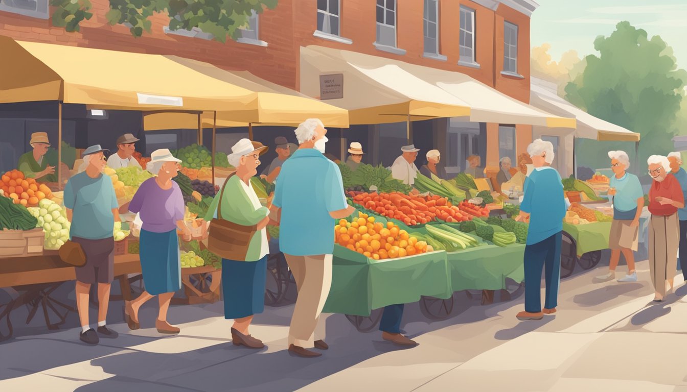 A colorful farmers' market with fresh fruits, vegetables, and nuts, surrounded by smiling seniors engaging in conversation and laughter