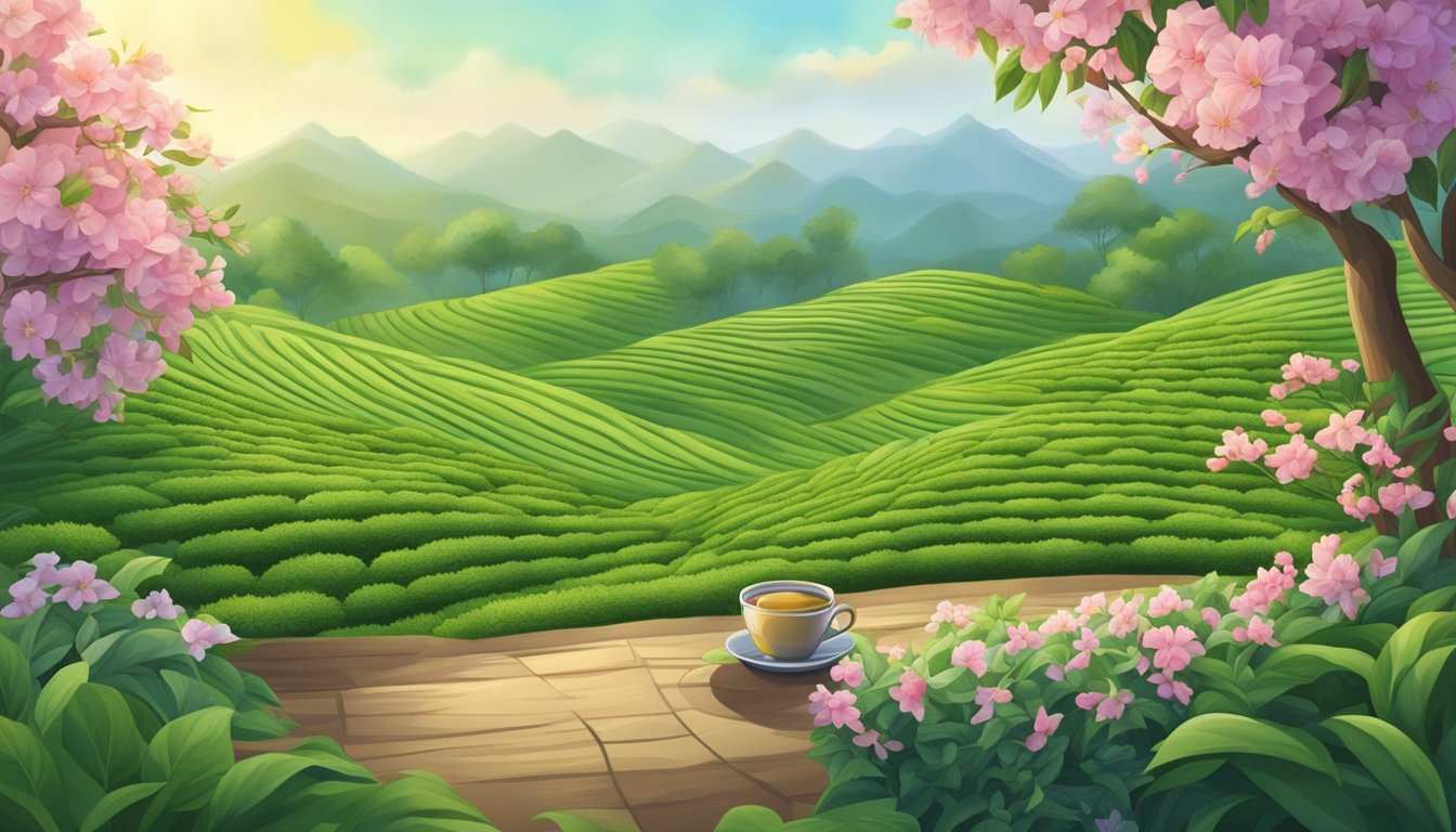 A serene tea garden with vibrant green tea leaves, blooming flowers, and a calming atmosphere