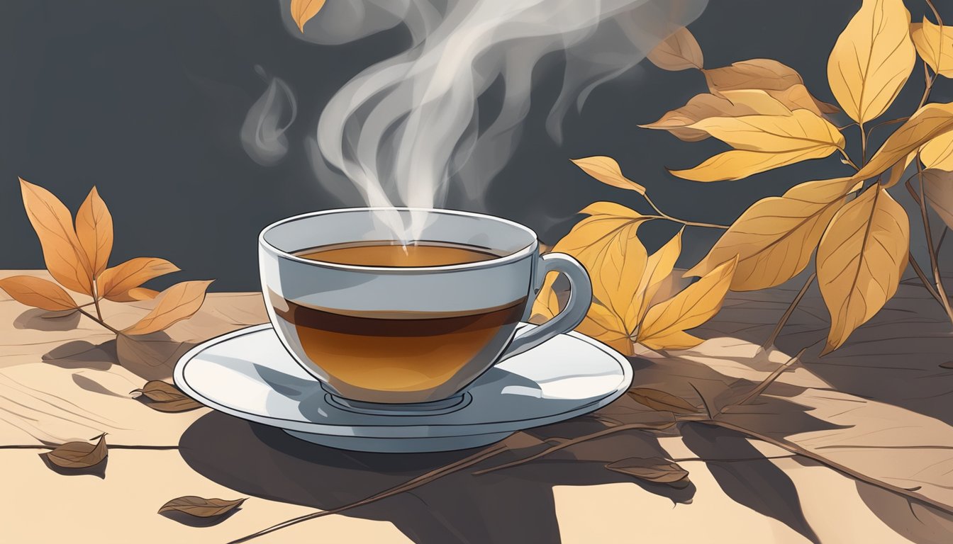 A steaming cup of tea surrounded by wilted and discolored leaves, with ominous shadows cast around it